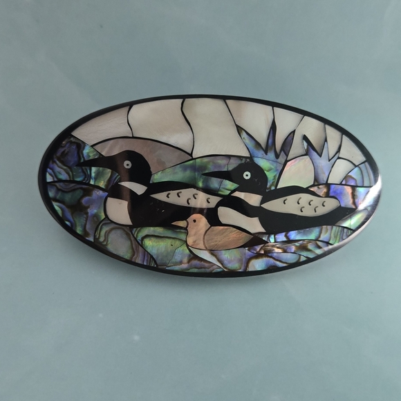 Vintage mother-of-pearl abalone inlays Hair Clip ducks family play in the River - Picture 5 of 17